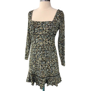Free People Womens Size 0 Boheme Floral Mini Dress Square Neck Long Sleeve Tie
